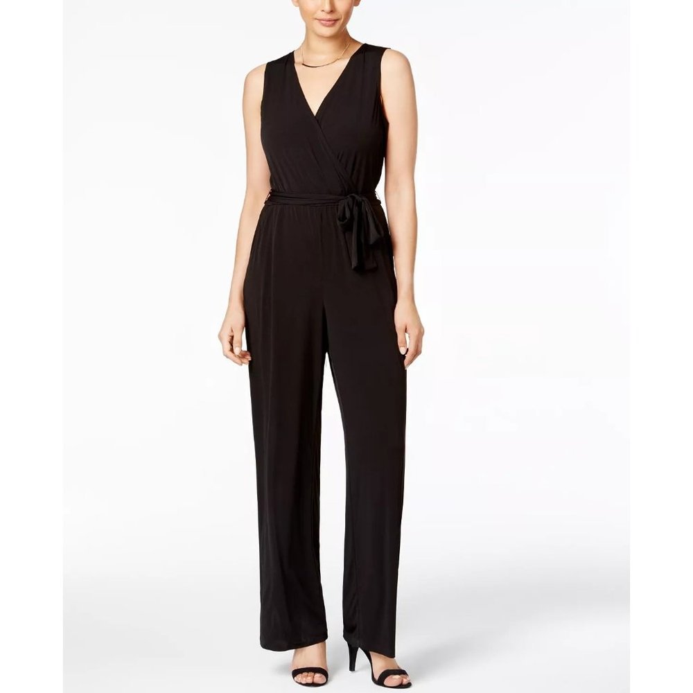 Ny Collection Petite Women’s Surplice Belted Wide-Leg Jumpsuit Black Size PS NWT